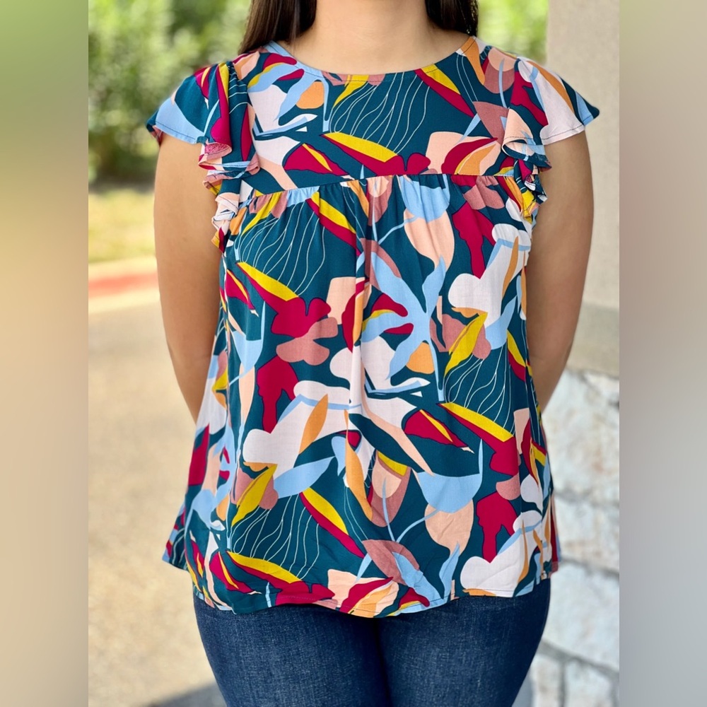 Emily Wonder Wandering Away Top Colorful Flutter Sleeves Like New Small